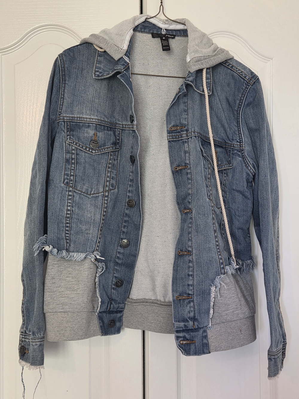 Aqua Light Blue Denim Jacket with Gray Hooded Sweatshirt Lining